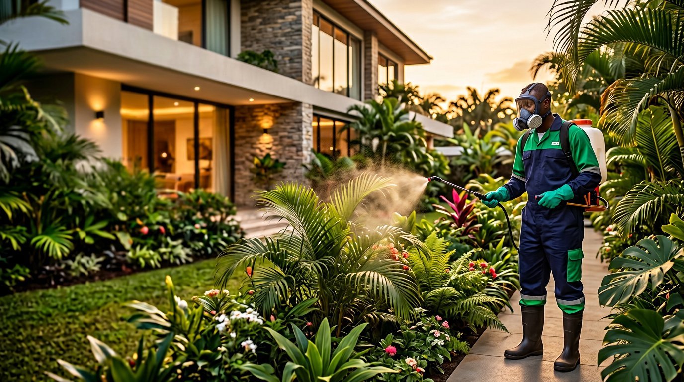 Technician treating a tropical garden for mosquitoes