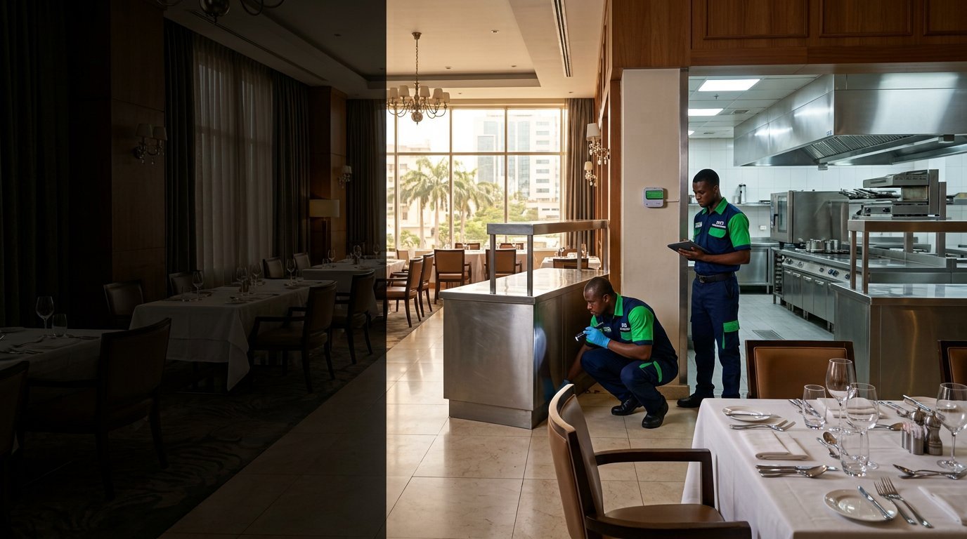 Technicians inspecting an upscale hotel restaurant