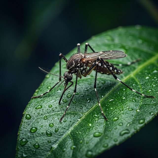 Close-up photograph of a mosquito on a green leaf