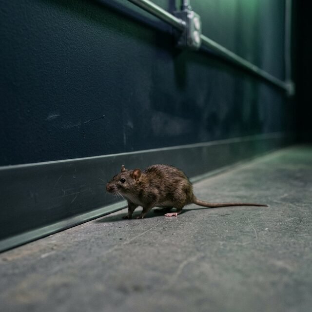 Photograph of a rat beside a warehouse wall