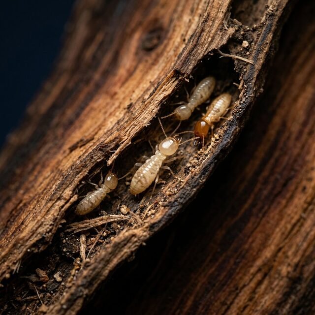Close-up photograph of termites inside damaged wood